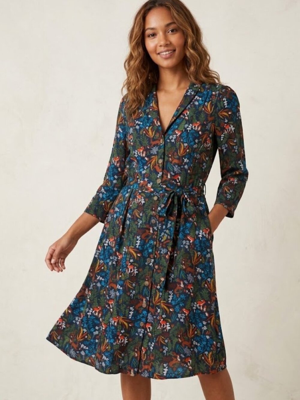 Joanie Woodland Cottagcore Print Button Up Belted Pockets 3/4 Sleeve Dress, sz 8